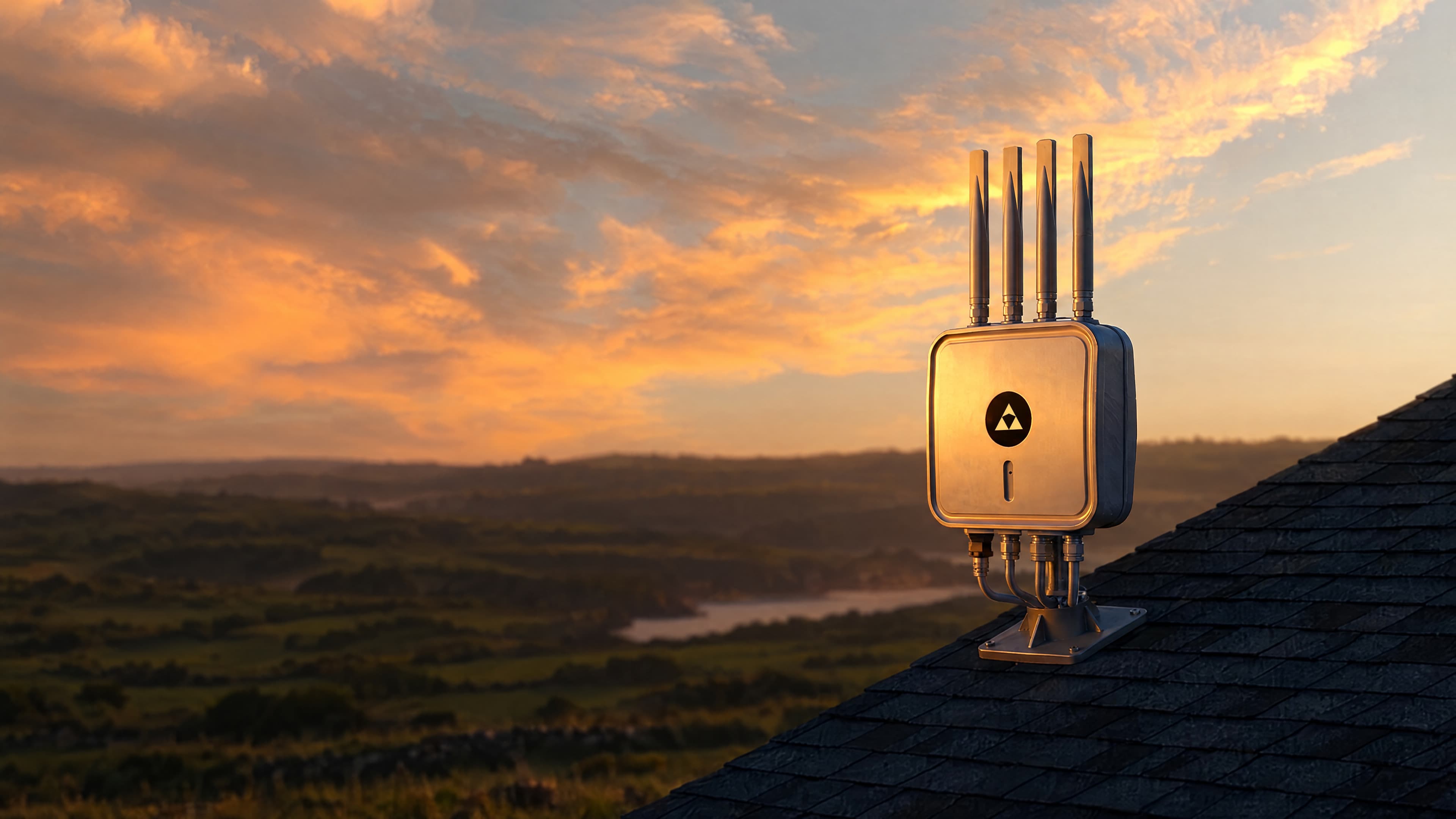 AerDefence drone detection sensor mounted on a rooftop overlooking the countryside at sunset.
