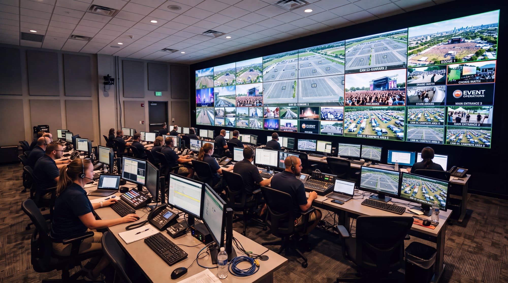 An event control room, its video wall showing live aerial feeds of a festival site.